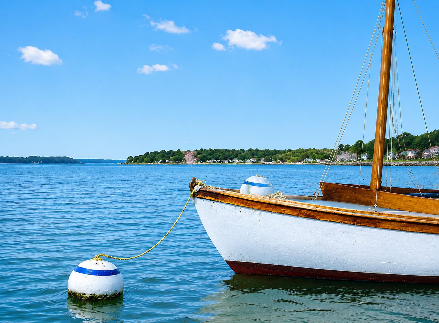 Sailboat tied to a mooring buoy on calm New Zealand water